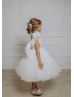 Beaded Ivory Glitter Lace Tulle Flower Girl Dress With Bows Beaded Ivory Glitter Lace Tulle Flower Girl Dress With Bows